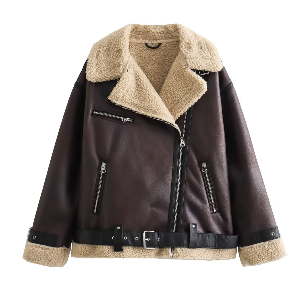 Damska aviator kurtka in biker styl z teddy lining, imitacja skóry trim i waist paskiem Lumaza