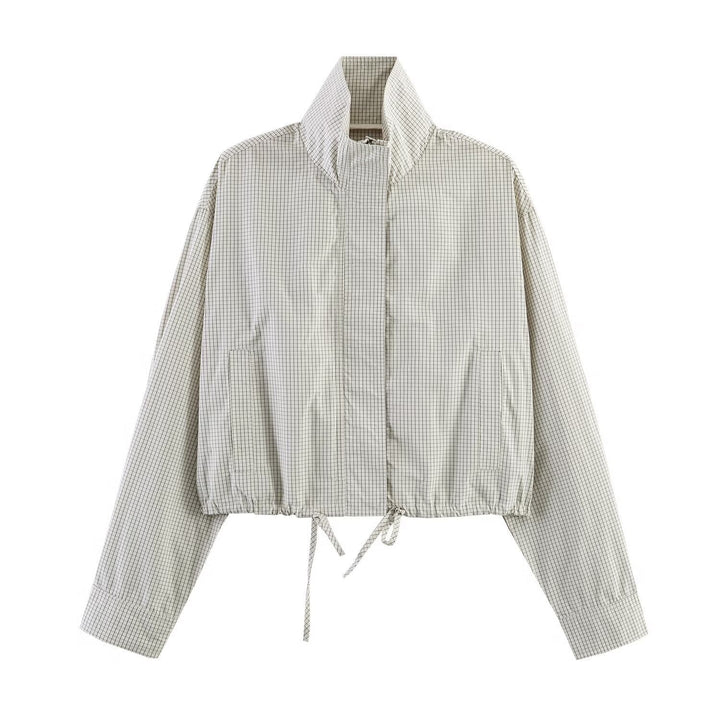 Damska krótka Windbreaker z ze stójką, Checkered Pattern i ściągaczem Lumaza