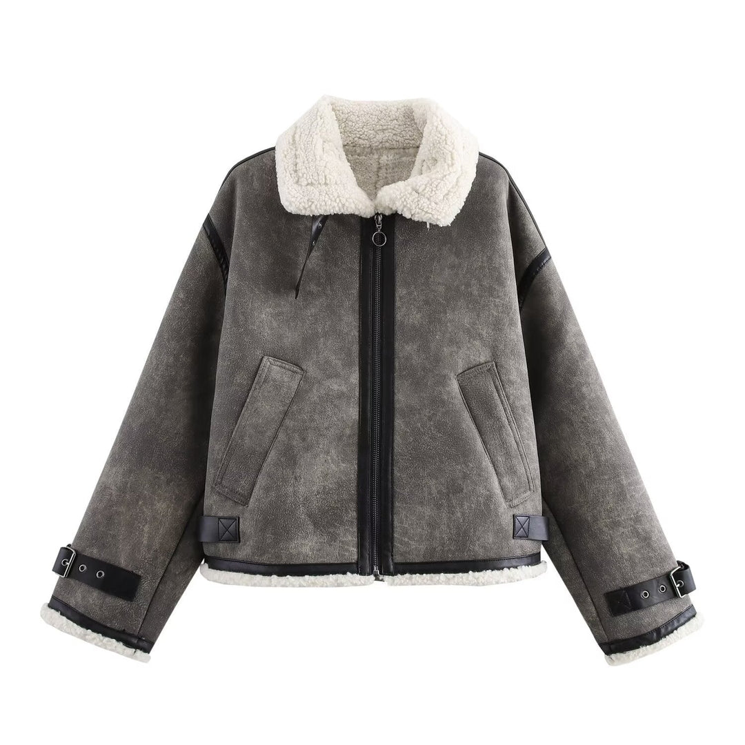 Damska oversize Flight kurtka z Teddy Lining, imitacja skóry Accents i Buckles Lumaza