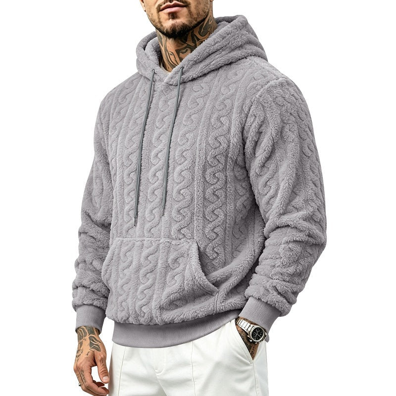 Męska przytulny teddy polar bluza z kapturem z cable Wzór i kieszeń kangurka