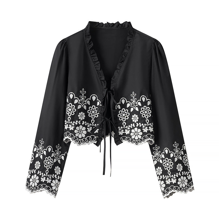 Damska Embroidered krótka Bolero z Ruffled V-Neck i Lacing Closure Lumaza