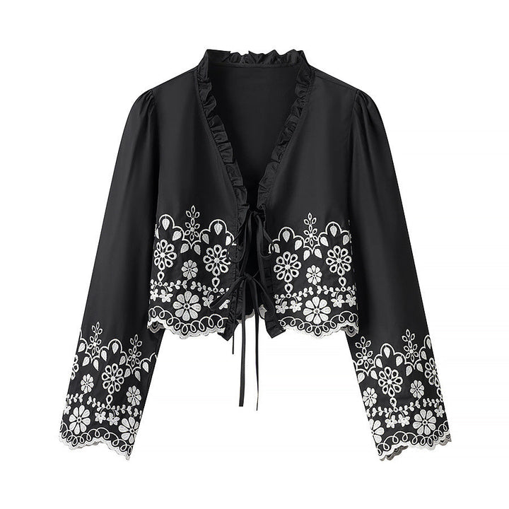 Damska Embroidered krótka Bolero z Ruffled V-Neck i Lacing Closure Lumaza