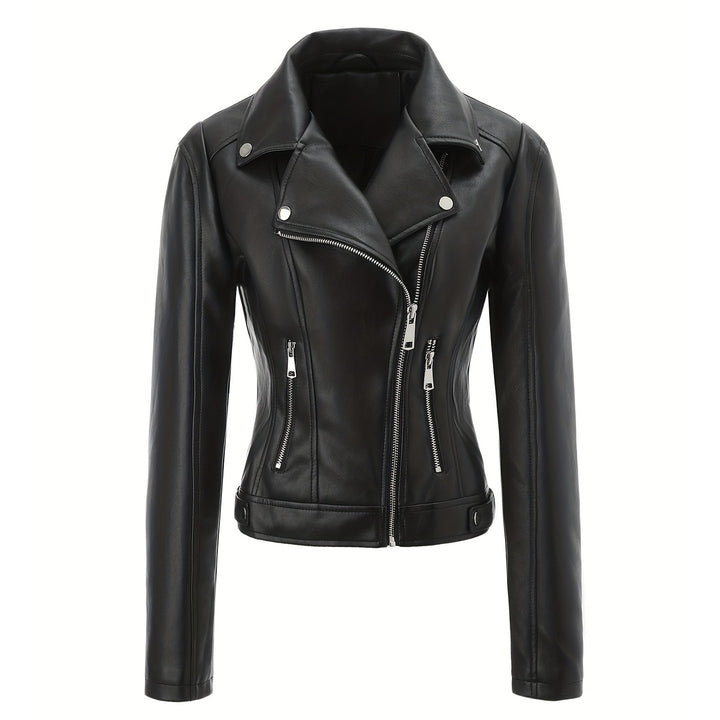 Damska taliowana Biker kurtka in skórzany wygląd z Asymmetrical zamkiem błyskawicznym i Decorative Seams Lumaza