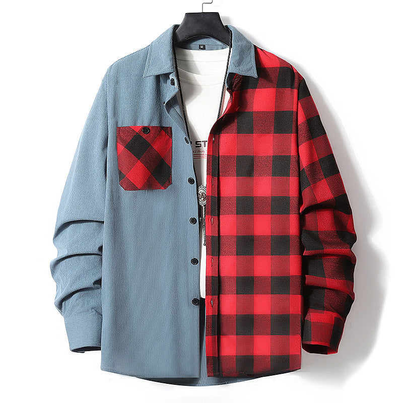 Męski Half-Split Koszula wierzchnia w Lumberjack Check z Kontrastowy Jednolity Side, Kieszeń na piersi, i Continuous Guzik Placket