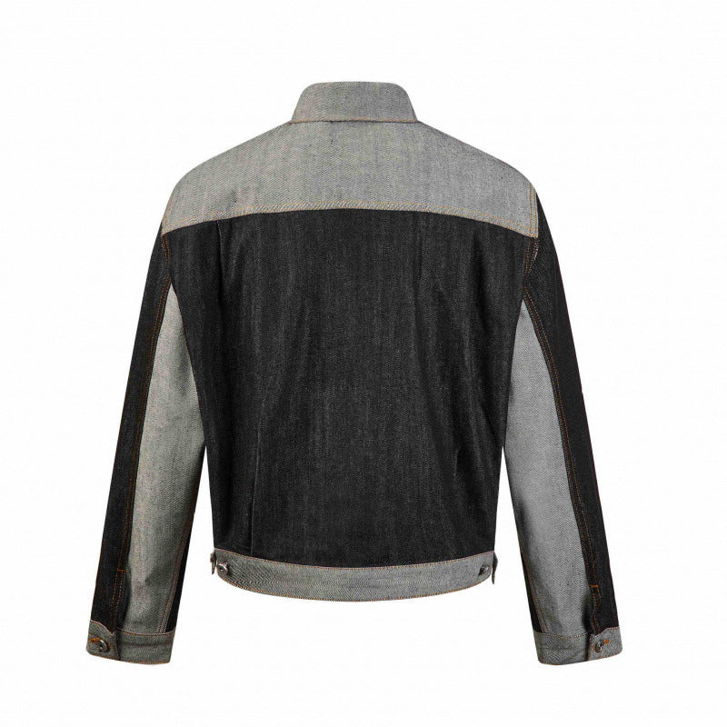 Męska krótsza patchwork denim kurtka z kieszeniami z patkami i constructive seam guidance