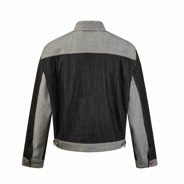 Męska krótsza patchwork denim kurtka z kieszeniami z patkami i constructive seam guidance
