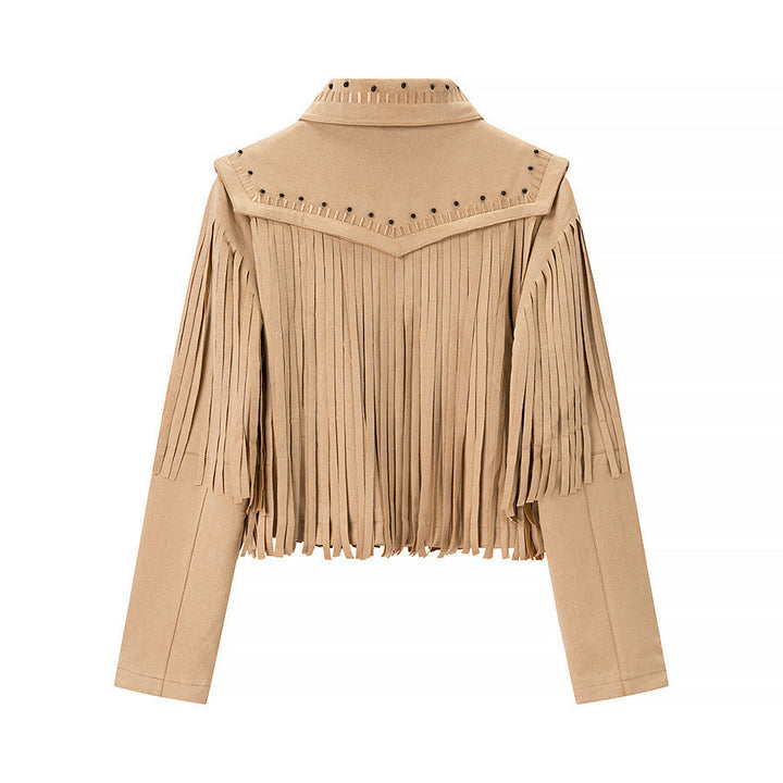 Damska krótka Fringe Suede kurtka in Western styl z Studded Accents i przodem zamkiem błyskawicznym Lumaza