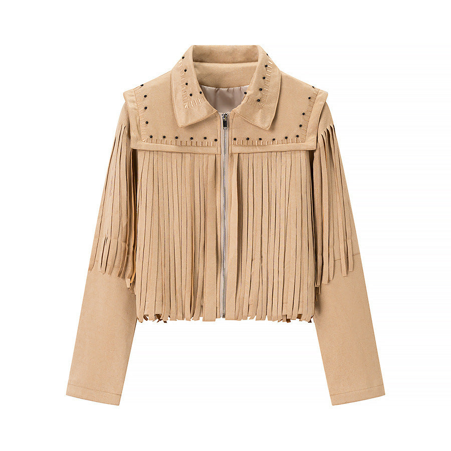 Damska krótka Fringe Suede kurtka in Western styl z Studded Accents i przodem zamkiem błyskawicznym Lumaza