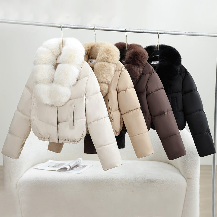 Kurtka puchowa damska z futrzanym kołnierzem ze sztucznym futrem lekka