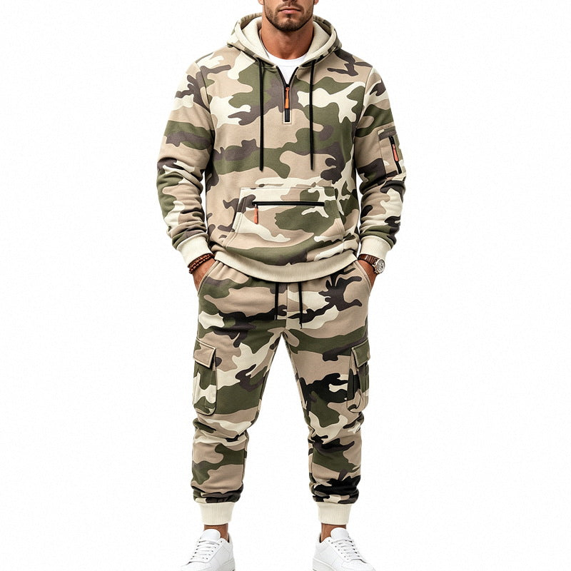 Męska Camouflage Bluza z kapturem Bluza i Jogging Spodnie Set z Cargo Kieszenie i Zippers
