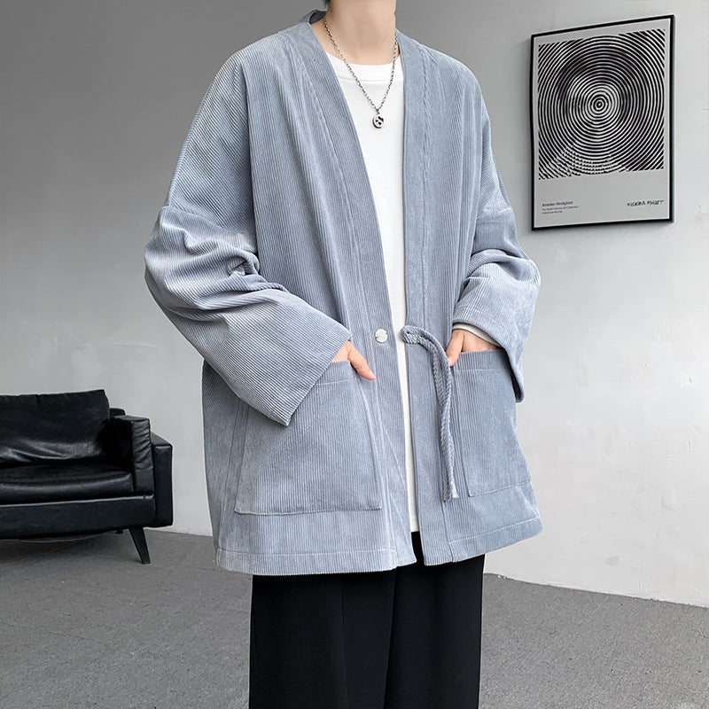 Męska oversize cord kimono kardigan z ściągaczem, naszywanymi kieszeniami i drop rękawy