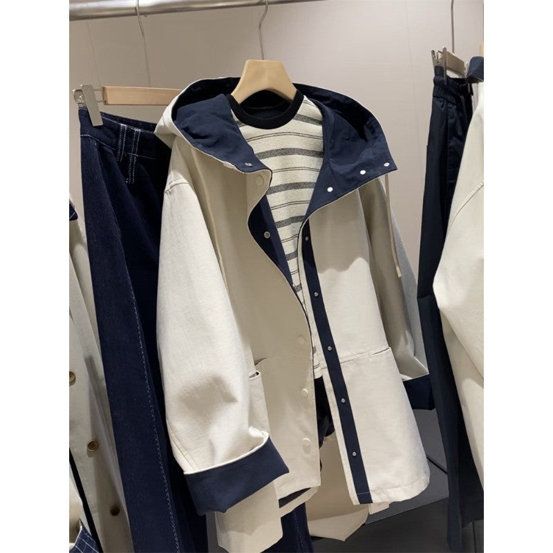 Unisex oversize utilitarian trencz z contrasted lining i hood Lumaza