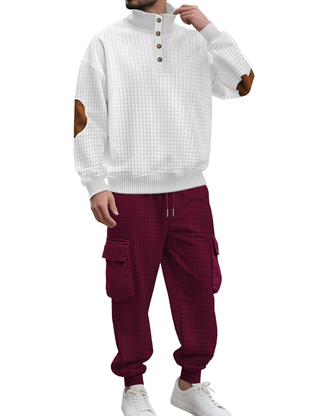 Męska kratka relief sweat set z stójka Listwa guzikowa, welur elbow patches i cargo jogger