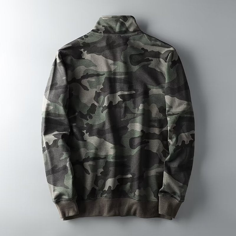 Męski Camouflage Bawełna Polar Zamek Kurtka z Stójka i Ribbed Mankiety