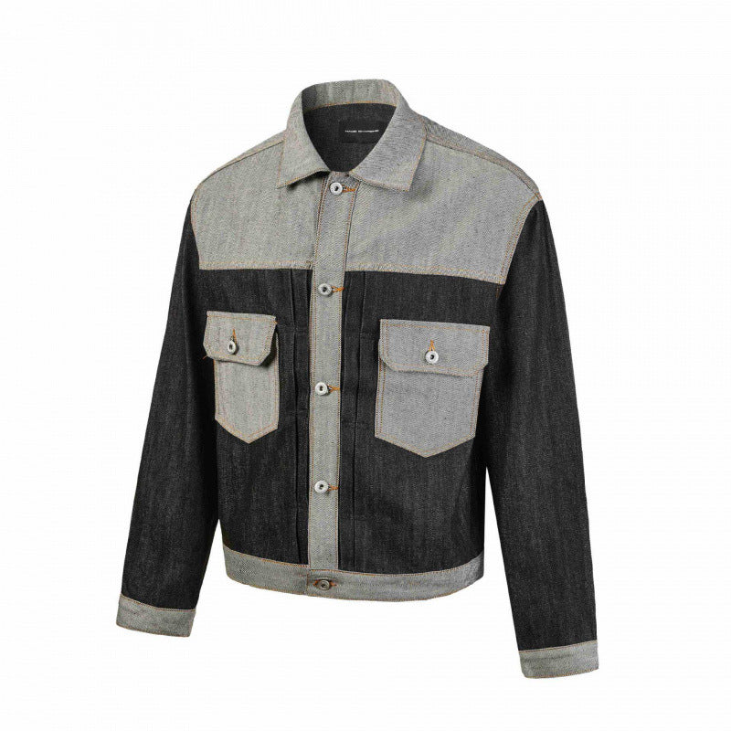 Męska krótsza patchwork denim kurtka z kieszeniami z patkami i constructive seam guidance