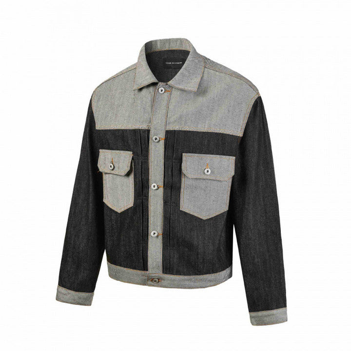 Męska krótsza patchwork denim kurtka z kieszeniami z patkami i constructive seam guidance