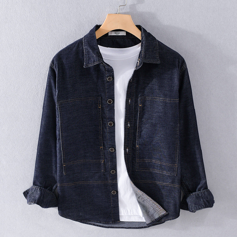 Męski Structured Denim Twill Koszula wierzchnia Kurtka z Large Naszywane kieszenie