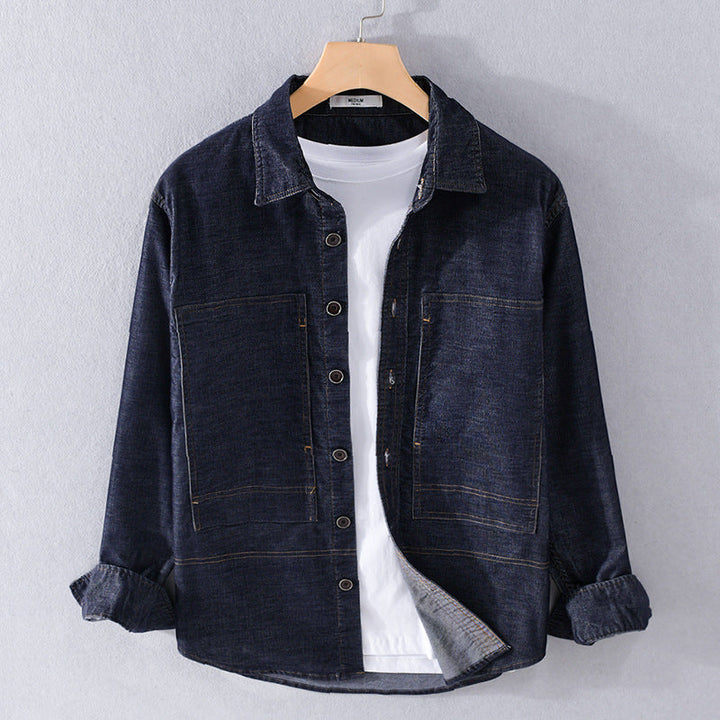 Męski Structured Denim Twill Koszula wierzchnia Kurtka z Large Naszywane kieszenie