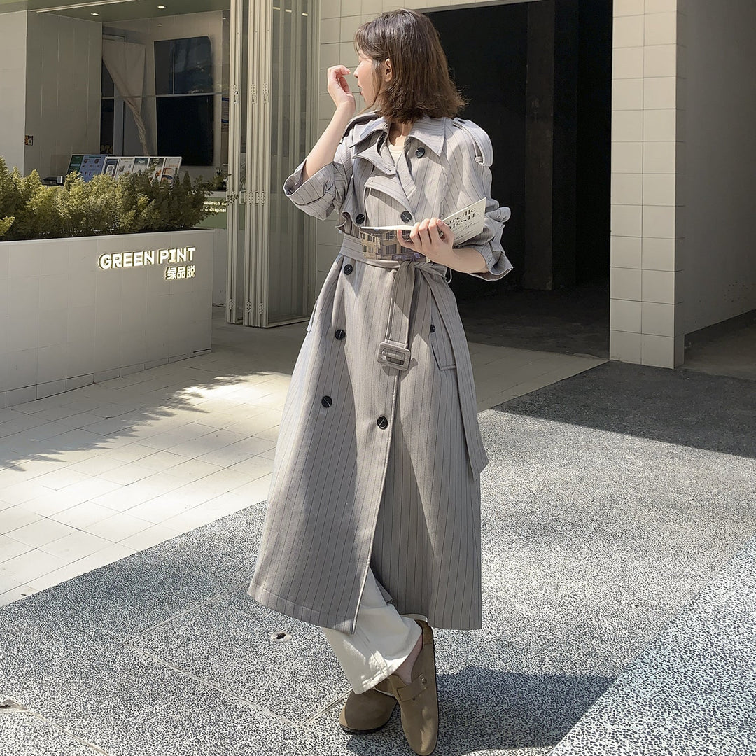 Damska elegancka Maxi długa Pinstripe Trench z na ramiona Pads i Gathered rękawami Lumaza