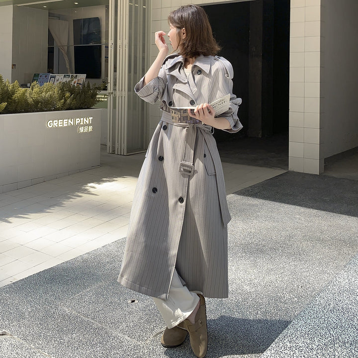 Damska elegancka Maxi długa Pinstripe Trench z na ramiona Pads i Gathered rękawami Lumaza