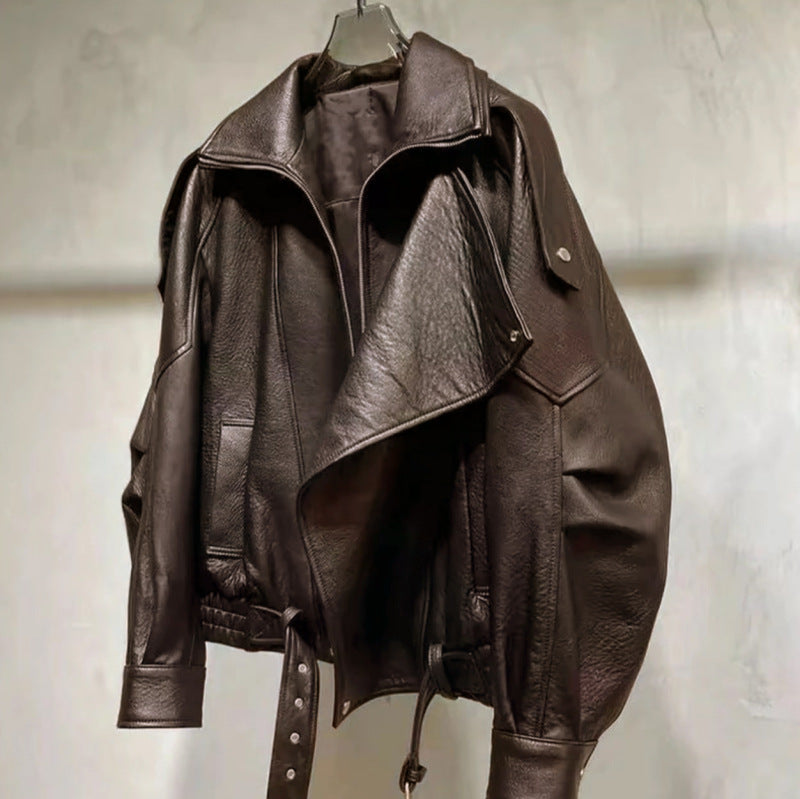 Męski Oversized Skóra Kurtka z Wide Asymmetrical Lapel i Waist Belt