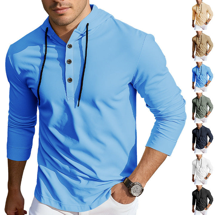 Męska Z kapturem Henley Długa Rękaw Koszula wykonana z Lekka stretch jersey z ściągacz