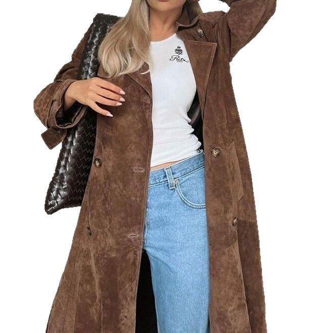 Damska długa Suede kurtka in a Minimalist Trench Look z Soft Lapels Lumaza