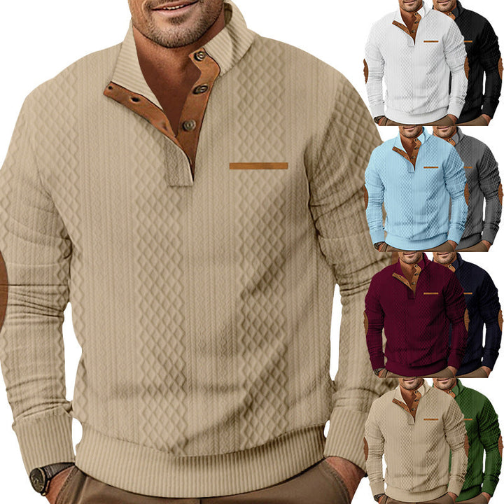 Męska Strukturalny Cable Dzianina Bluza z Half Listwa guzikowa, Imitacja skóry Patch Kieszeń &amp; Elbow Patches