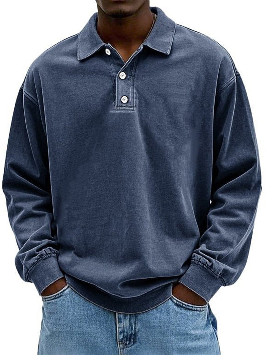 Męska Oversize Denim Wygląd Polo Bluza z Krótka Listwa guzikowa i Elastyczne mankiety EB