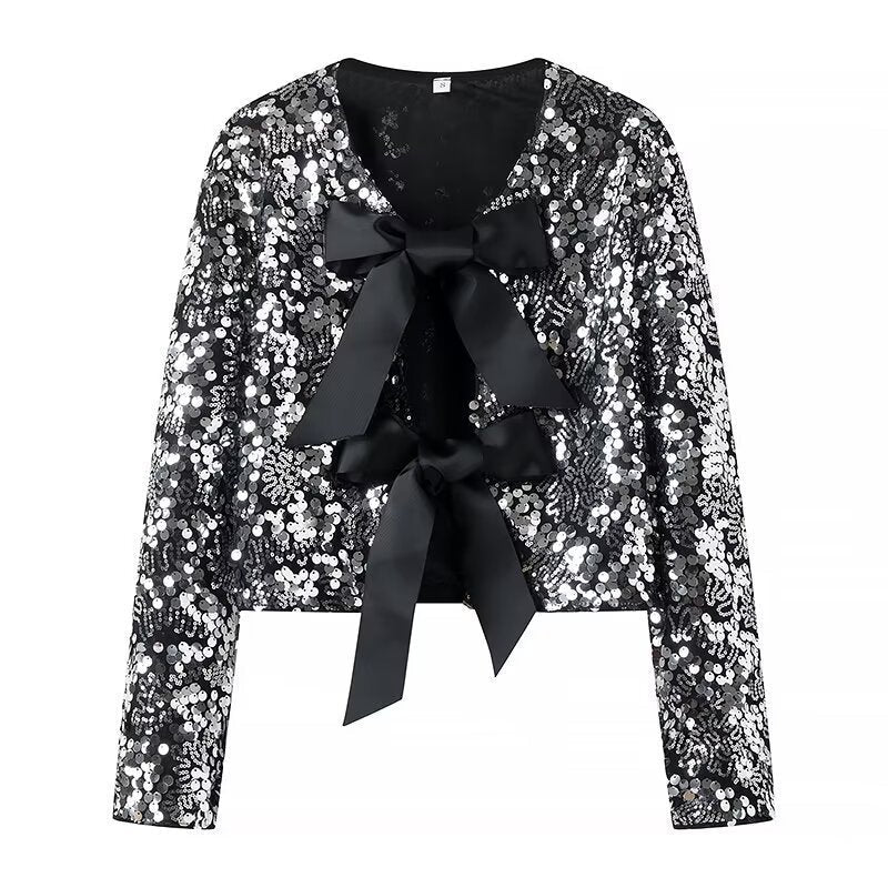 Damska krótka kurtka z Sequin Trim i Decorative Bow przodem Lumaza
