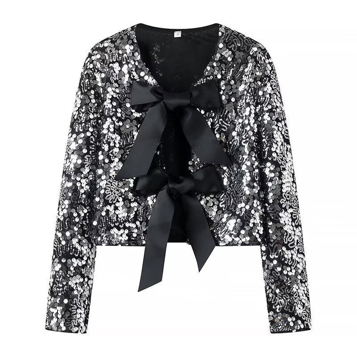 Damska krótka kurtka z Sequin Trim i Decorative Bow przodem Lumaza