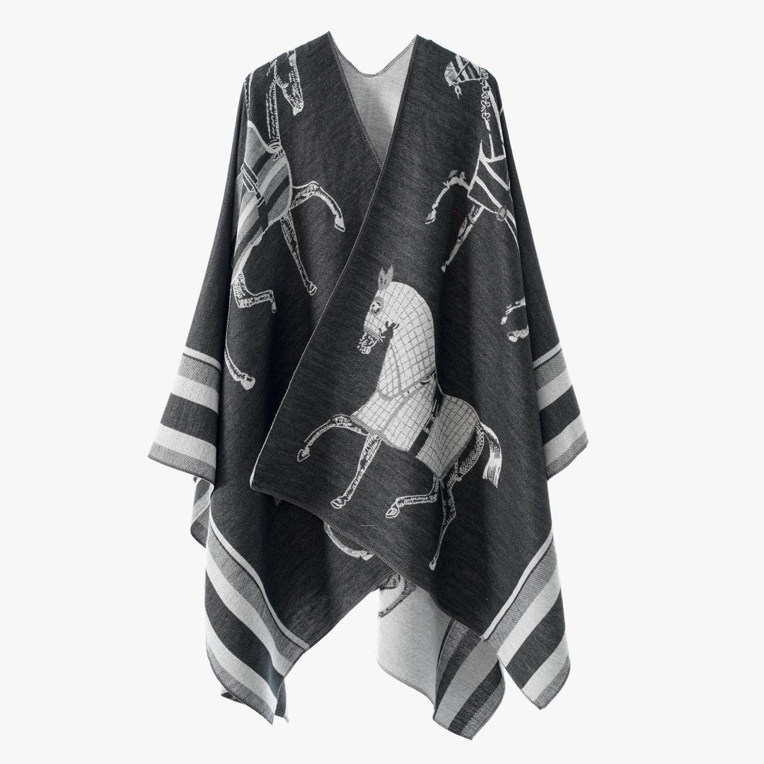 Damskie Jacquard Poncho Wrap z Horse Motif i Boxy Kimono Sylwetka
