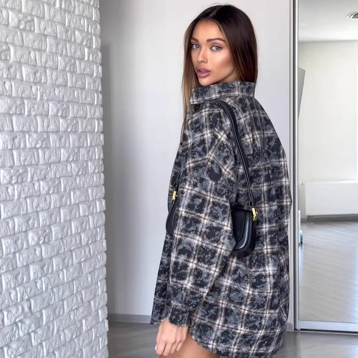 Damska oversize Checked Shacket-koszulowa kurtka z Snap guzikami Closure i Rounded dołem Lumaza