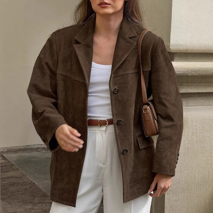 Damska oversize Suede marynarka z Lapel kołnierzem i klapką kieszeniami Lumaza