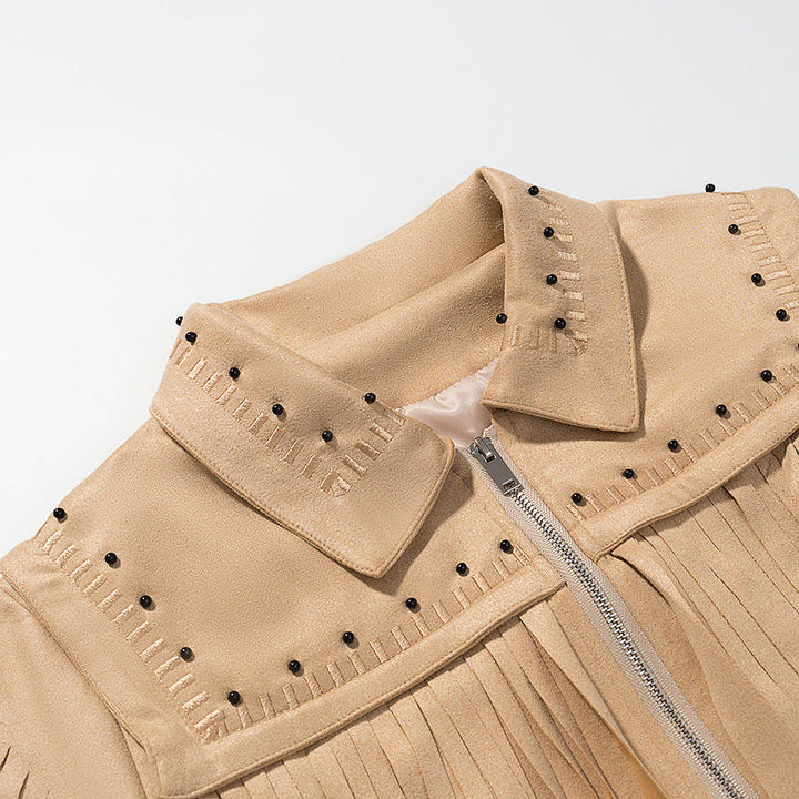 Damska krótka Fringe Suede kurtka in Western styl z Studded Accents i przodem zamkiem błyskawicznym Lumaza