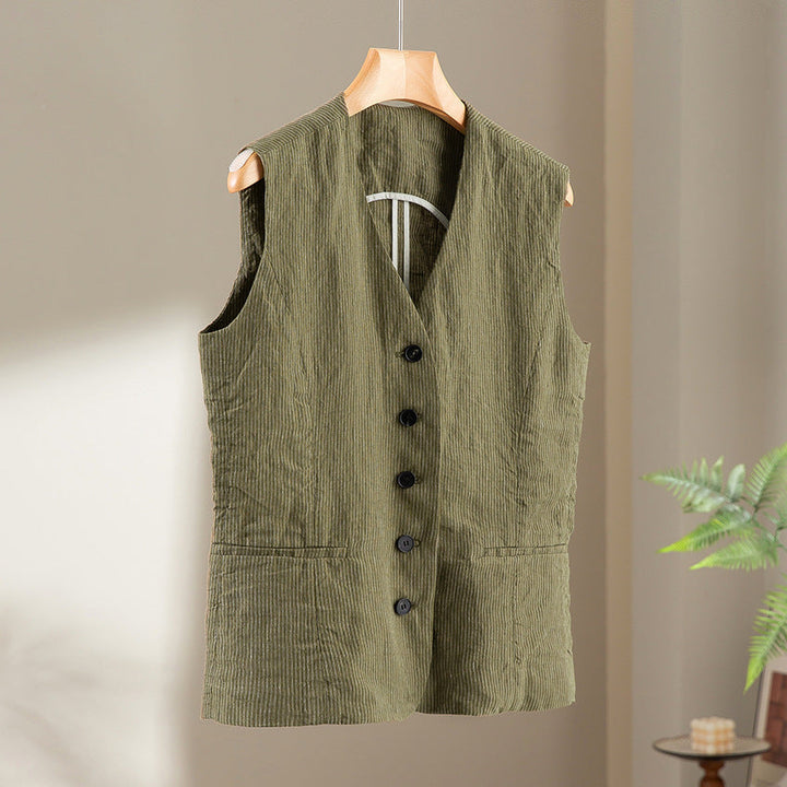 Damska taliowana Cord Waistpłaszcz z V-Neck i z naszywanymi kieszeniami Lumaza