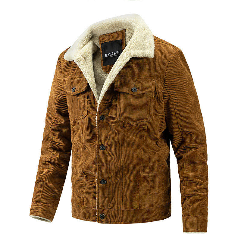 Męski Vintage Sztruks Kurtka w Trucker Styl z Sherpa Podszewka i Chest Flaps