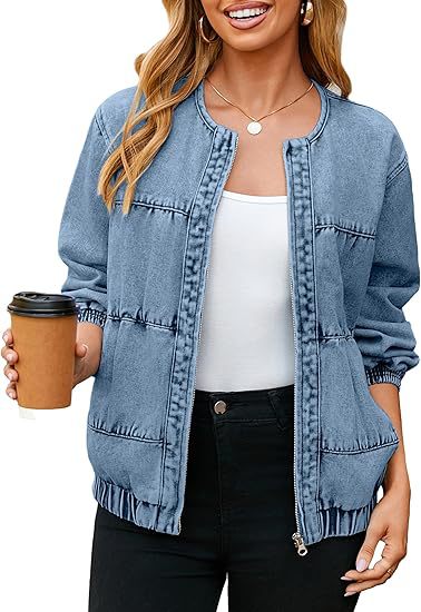 Damska bomber-styl denimowa kurtka z round neck, piping seams, i elastic dołem Lumaza