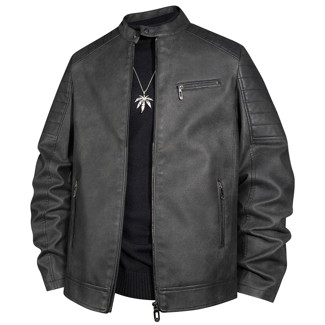 Męska biker kurtka z imitacja skóra z stójką i pikowana shoulder