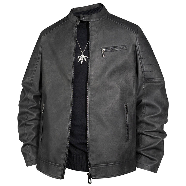 Męska biker kurtka z imitacja skóra z stójką i pikowana shoulder