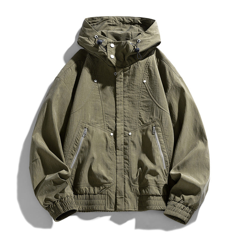 Męski Oversize Płótno Utility Hoodie Kurtka z Hidden Snap Guzik Placket i Kieszenie na zamek