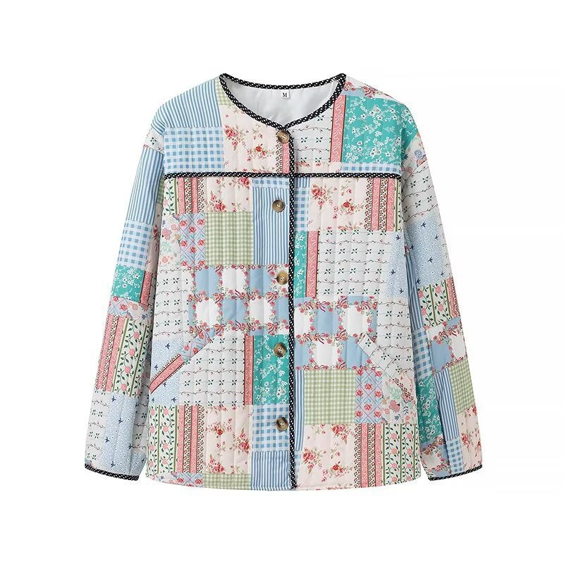 Damska pikowana patchwork kurtka z round neckline, decorative trim i przodem guzikami Lumaza