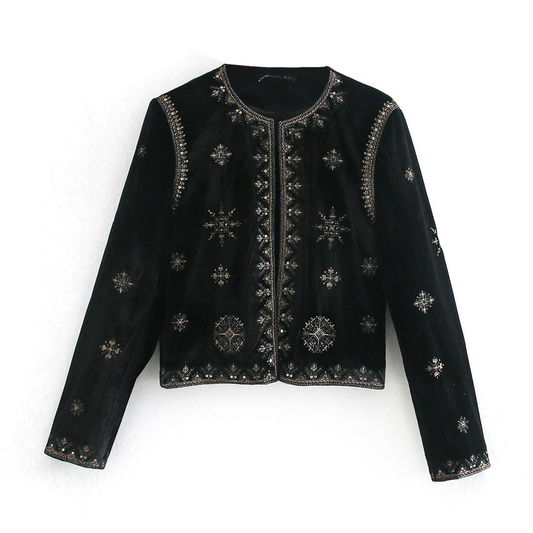 Damska krótka welurowa kurtka z delicate metalowym embroidery i bead embellishMęskat Lumaza