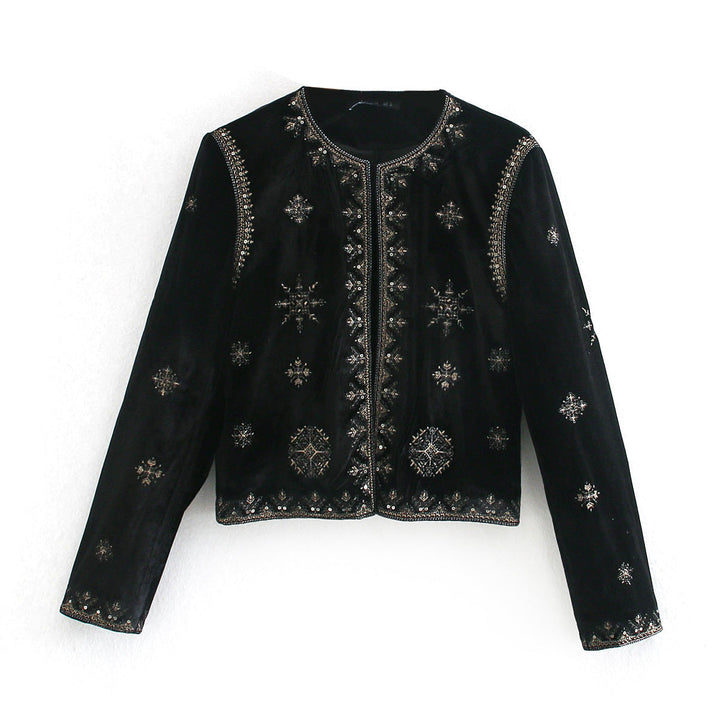 Damska krótka welurowa kurtka z delicate metalowym embroidery i bead embellishMęskat Lumaza