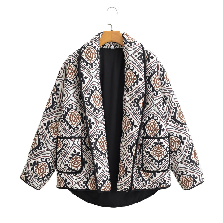 Damska pikowana kimono kurtka z Ethno Print, kontrastowy Piping i z naszywanymi kieszeniami Lumaza