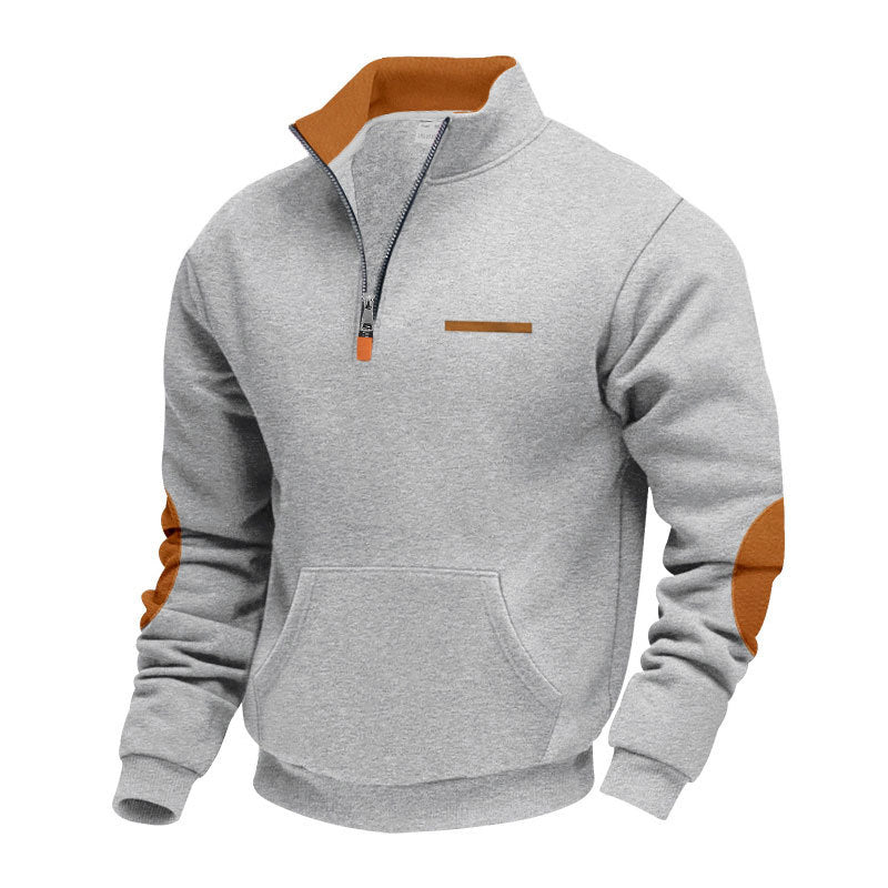 Męska krótki zamek bluza z Stójka, kieszeń kangurka, i elbow patches