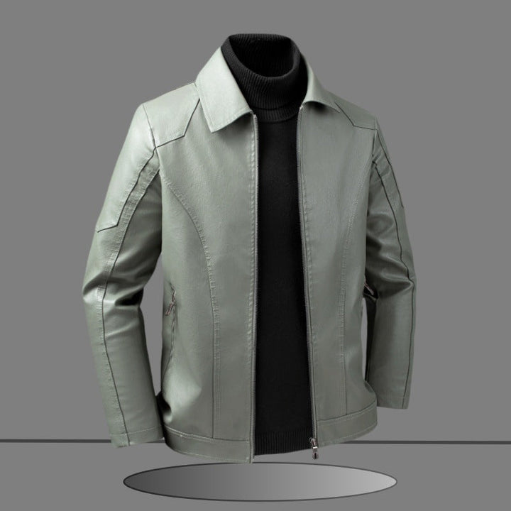 Męski dopasowany krój Imitacja skóry Kurtka w Minimalist Koszula Kołnierz Design z Ukryty Two-Way Zamek