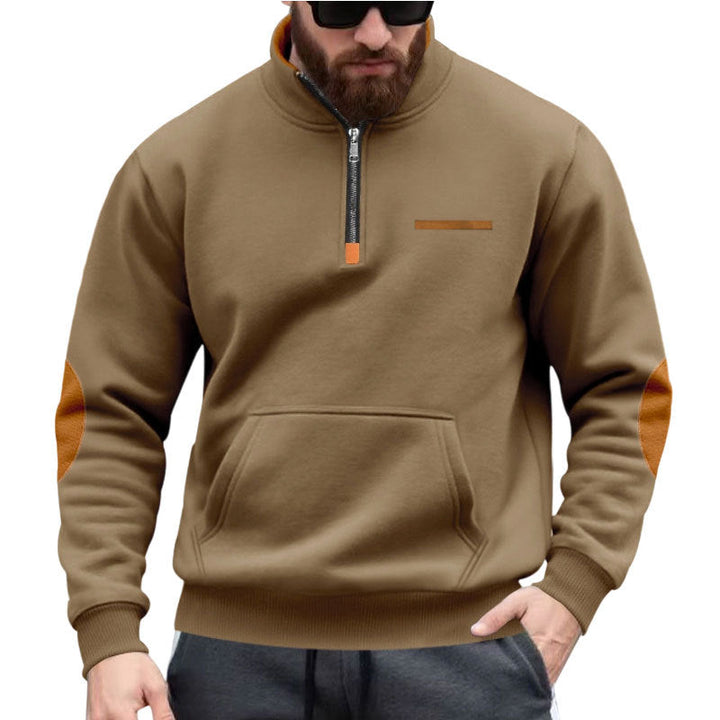 Męska krótki zamek bluza z Stójka, kieszeń kangurka, i elbow patches
