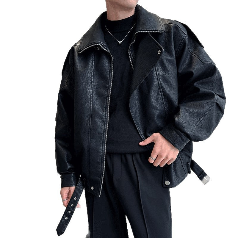 Męski Oversized Skóra Kurtka z Wide Asymmetrical Lapel i Waist Belt