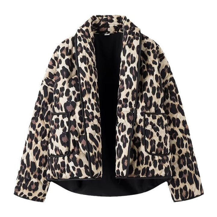 Damska Lined krótka kurtka in Leopard Print z Shawl kołnierzem i Piping Lumaza
